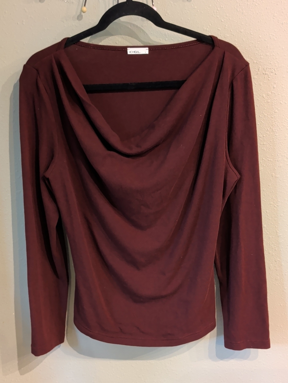 OGL Women's Top Double Lined Front Large Burgundy Long Sleeve Cowl Neck